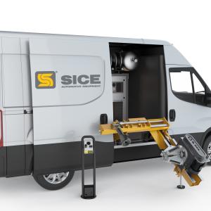 SICE S50A Mobile Truck Tyre Changer in action, providing roadside service for a truck tyre.